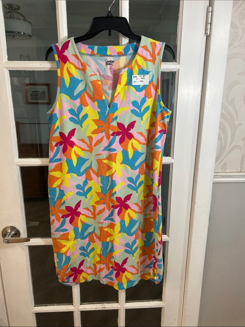 O5Lands' End Bright Floral Sleeveless V‑Notch Dress — Pink, Yellow, Blue, Orange